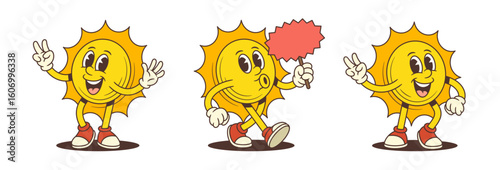Playful sun mascot with dynamic expressions including peace sign, walking while blowing a kiss, and holding a spiky red fan. Ideal for summer projects, kids visuals and fun character branding