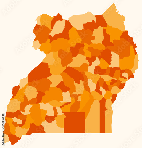 Map of Uganda with regions. Just a simple country border map with region division. Orange color palette. Flat Uganda shape with administrative division. Vector illustration.