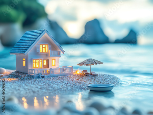 Real estate concept with miniature house on beach holiday background