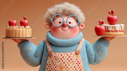 Adorable Grandmother Holding Two Delicious Apple-Themed Cakes in a Whimsical Illustration
