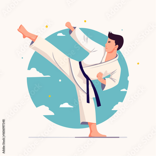 Homme karatéka donne un coup de pied haut, jolie illustration naïve