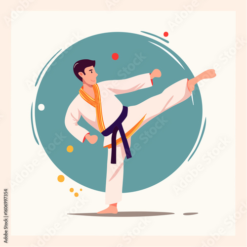 Homme karatéka donne un coup de pied haut, jolie illustration naïve