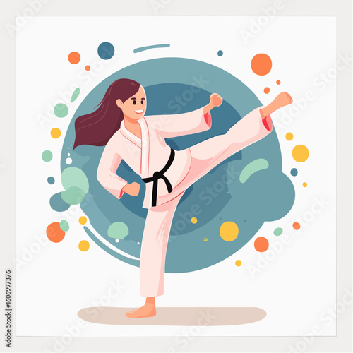 Illustration naïve, jeune femme souriante qui pratique le karaté, coup de pied haut, fond blanc