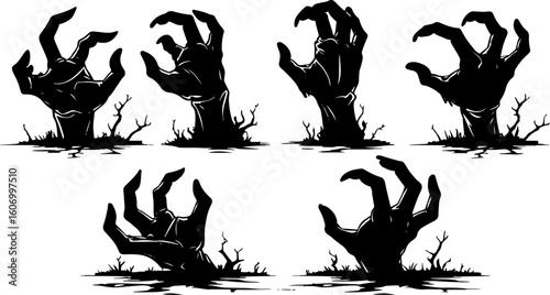 Zombie Hands Rising from the Ground Silhouette Vector Set – Halloween Horror Collection