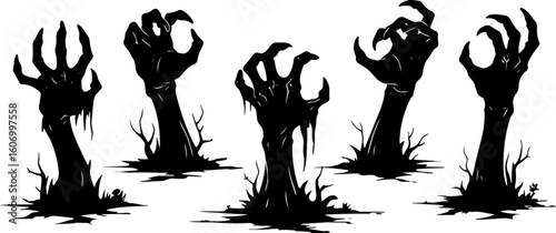 Zombie Hands Rising from the Ground Silhouette Vector Set – Halloween Horror Collection