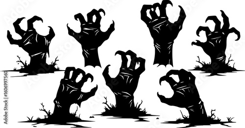 Zombie Hands Rising from the Ground Silhouette Vector Set – Halloween Horror Collection