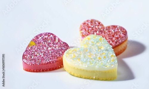 Heart shaped cookies rotating on white surface