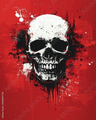 Artistic skull illustration with splatter effects on a bold red background