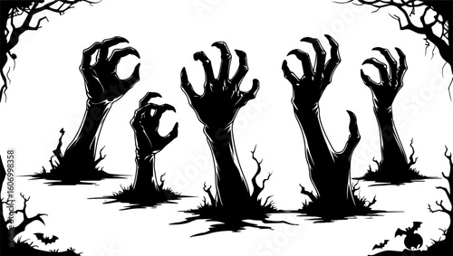 Zombie Hands Rising from the Ground Silhouette Vector Set – Halloween Horror Collection