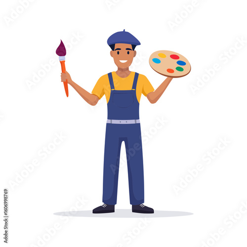 Artist in Blue Overalls Holding Paintbrush and Palette 1.