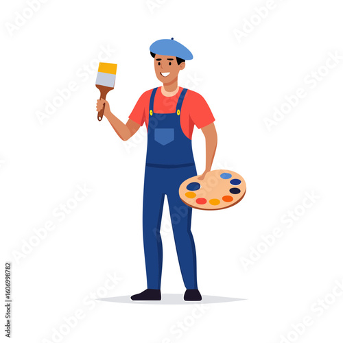 Artist in Blue Overalls Holding Paintbrush and Palette.