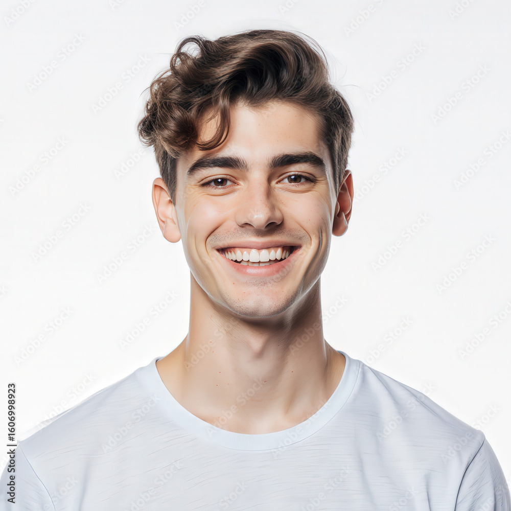Obraz premium Confident Expression: A portrait of a smiling person radiating positive emotions, portraying youth and health in a studio setting.