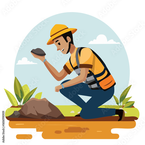 Cartoon Geologist Examining a Rock Sample in the Field.