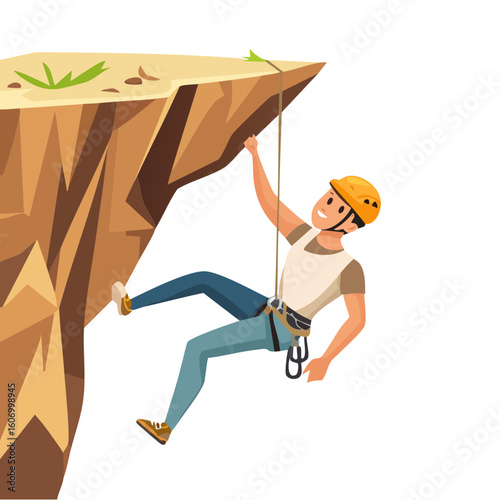 Cartoon man rappelling down a steep cliff face with safety gear.