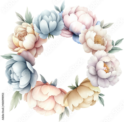 A watercolor floral wreath made of large peonies in soft pastels with muted green leaves. A gentle botanical illustration for wedding stationery, logos, greeting cards, and posters.