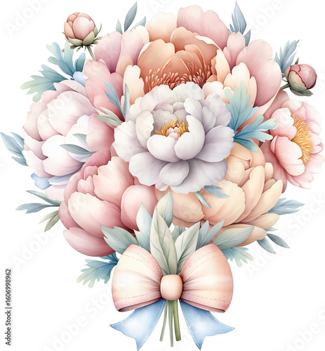 Delicate watercolor illustration of a lush peony bouquet in soft pastels, tied with a pink‑and‑dusty‑blue ribbon bow. Perfect for wedding stationery, cards, baby decor, branding, and feminine designs