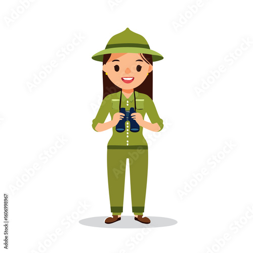 Cartoon Woman Explorer Holding Binoculars in Safari Outfit 1.