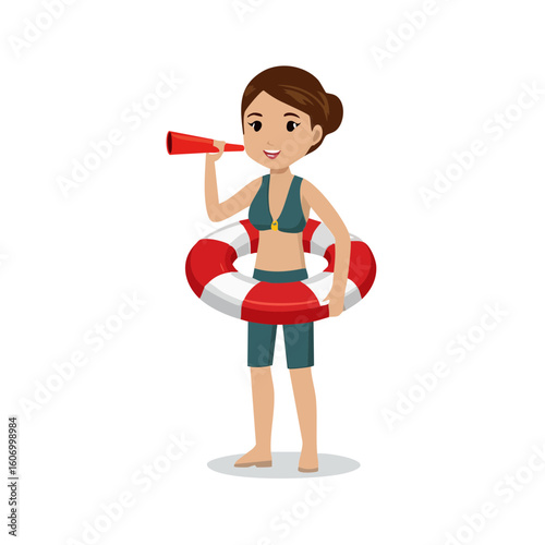 Cartoon woman in swimwear holding a spyglass with a lifebuoy.