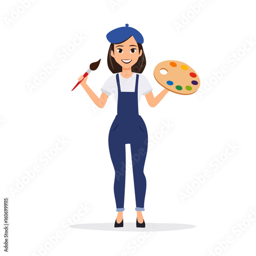 Cheerful female artist holding paintbrush and palette ready to create art.