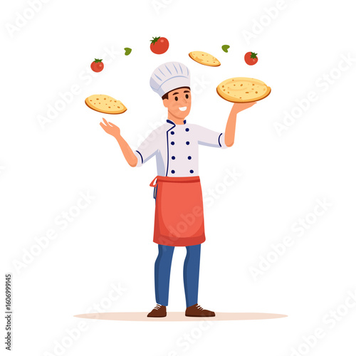 Chef Juggling Pizzas and Tomatoes with Skill and Flair.