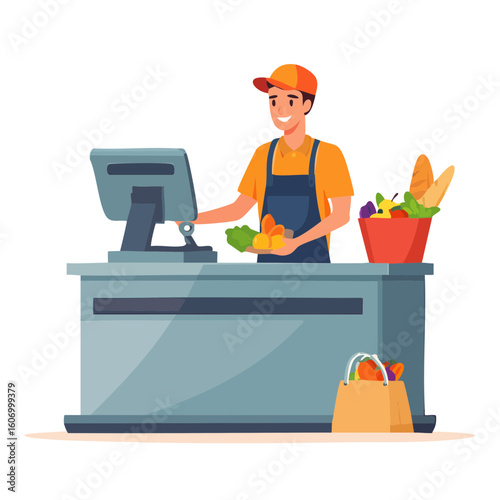 Friendly Grocer Scanning Produce at Checkout Counter.
