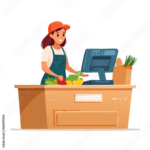 Friendly Grocer Working at a Checkout Counter with Fresh Produce.