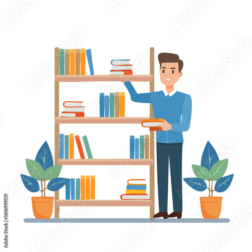 Man Organizing Books on a Wooden Bookshelf with Potted Plants.