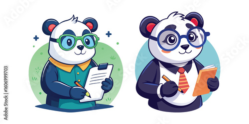 Panda Boss Reviewing Contracts Wearing Glasses, Business Panda Vector Illustration, Corporate Leadership, Office Work, Professional Panda Character, Contract Analysis, Cute Executive Animal Design