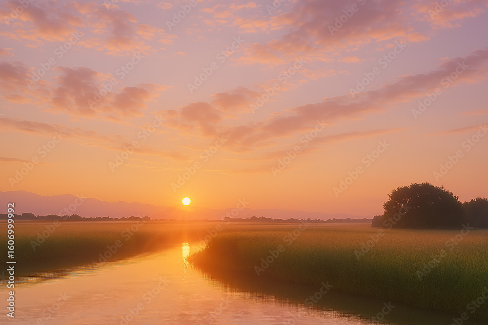Fototapeta premium 田舎の川の夕焼け