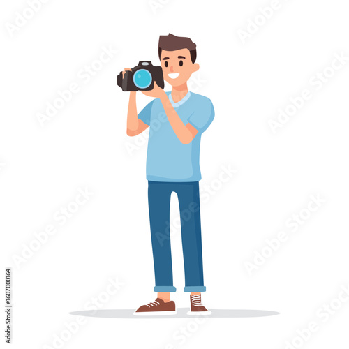 Young man holding a digital camera and taking a picture.