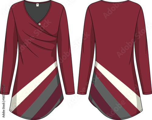  Women's Stylish Burgundy Asymmetrical Tunic Top with Striped Design, Modern V-Neck Blouse, Fashion Apparel, Elegant Casual Wear, Long Sleeve