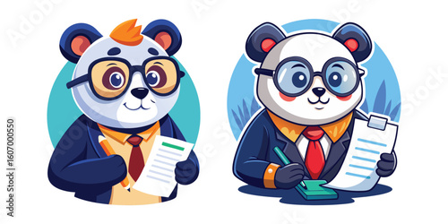 Panda Boss Reviewing Contracts Wearing Glasses, Business Panda Vector Illustration, Corporate Leadership, Office Work, Professional Panda Character, Contract Analysis, Cute Executive Animal Design