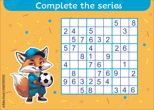 Vector template sudoku puzzle for kids, featuring a cartoon fox holding a soccer ball on an orange background. Children s educational game on paper
