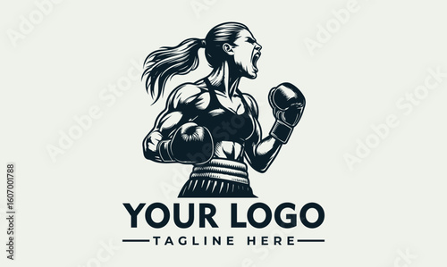 Powerful female boxer logo design, strong woman shouting in victory, boxing gloves raised.
