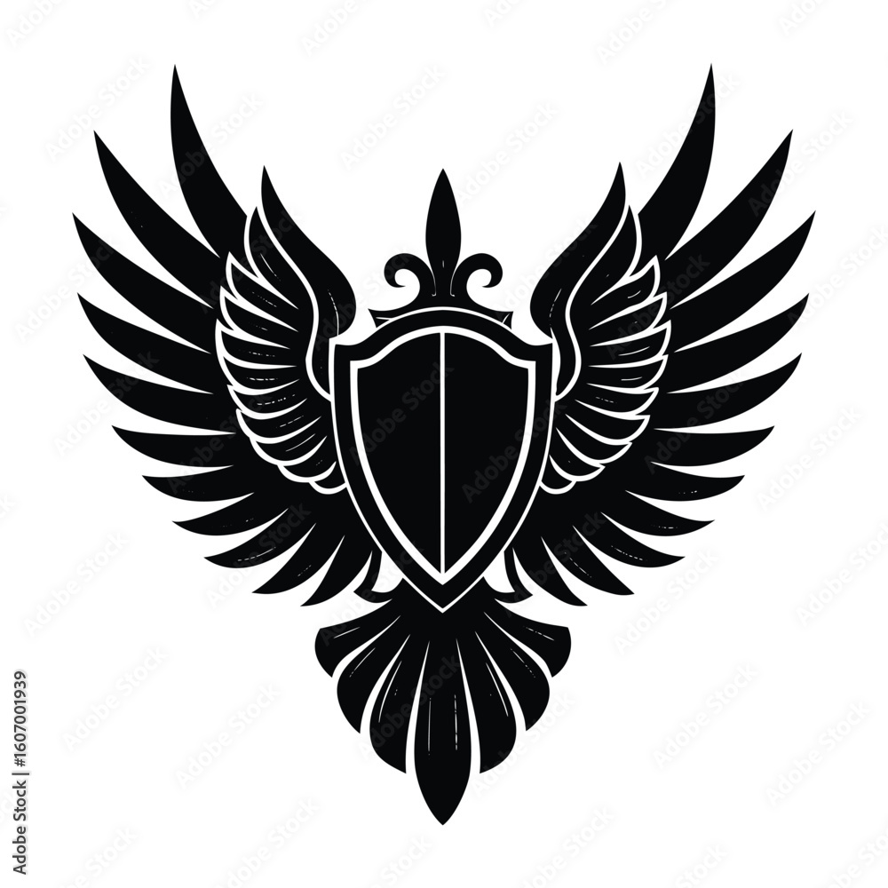 Obraz premium Powerful Eagle Wings Shield Logo Design Black Graphic