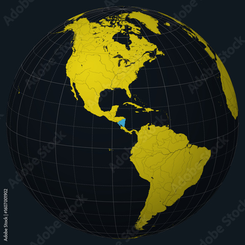 Nicaragua on Globe. Country view on the world map in Charcoal Bright Yellow color palette. Nicaragua shape on map. Globe with meridians, parallels, countries, rivers and lakes.