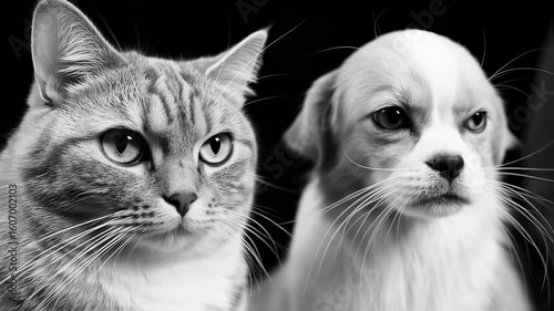 Close-up black and white portrait of a cat and dog