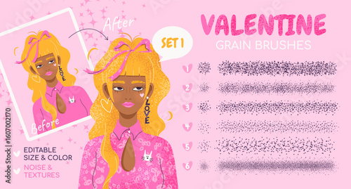 Grain scatter brushes. Romantic collection with noise effect, grunge textures, paint splash, halftone. Grainy design kit with basics and brush strokes. Swatches included. Editable size and color