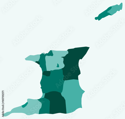Map of Trinidad and Tobago with regions. Just a simple country border map with region division. Teal color palette. Plain Trinidad and Tobago shape with administrative division. Vector illustration.
