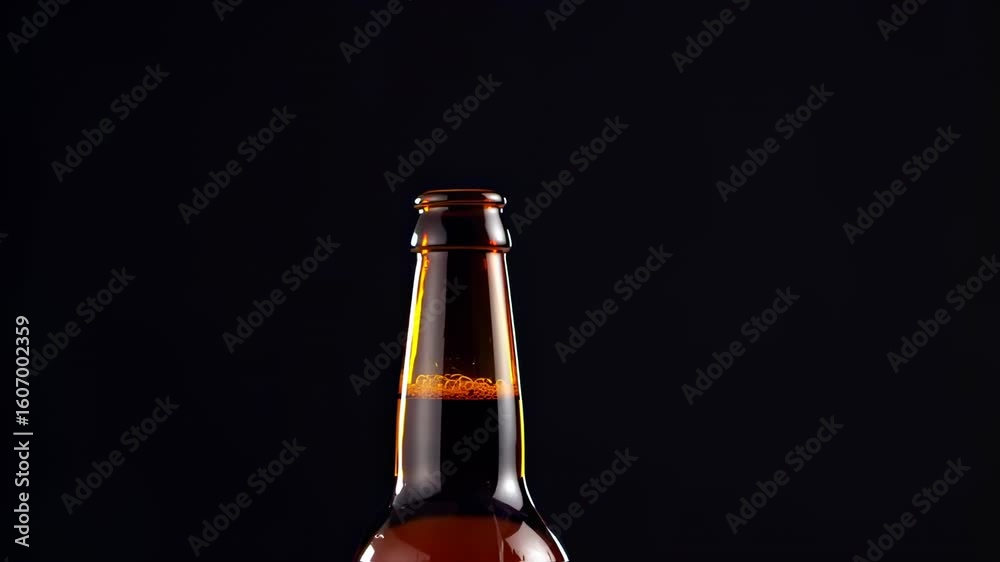 Close-up of a brown beer bottle neck with a cap, and golden-sparkle background