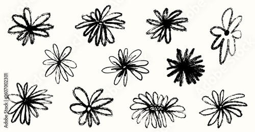 Ink Crayon Marker Gouache flowers hand drawn sketches illustrations. Dry brush stroke simple minimalistic floral doodles isolated on white for cosmetics, kid education.