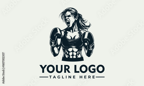 A strong woman boxer with gloves, screaming, with visible abs, in a stylized logo design.
