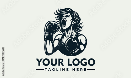 A stylized logo featuring a female boxer in a powerful pose, showcasing strength and determination.