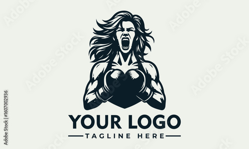 Powerful female boxer logo design, fierce expression, boxing gloves, ready to fight.