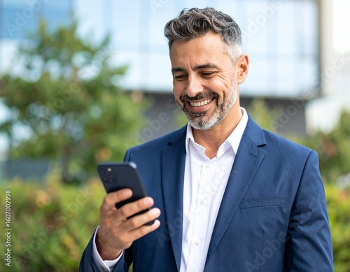 Happy stylish older busy businessman investor holding smartphone looking at cellphone doing banking payments. Middle aged business man using mobile cell phone working outdoors. Candid photo.