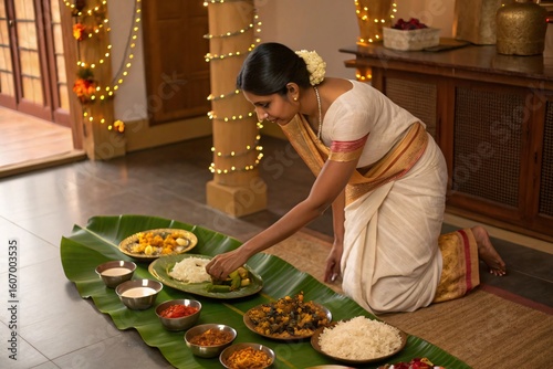 Traditional South Indian Onam Sadya Feast Served on Banana Leaf with Delicious Vegetarian Dishes and Curries