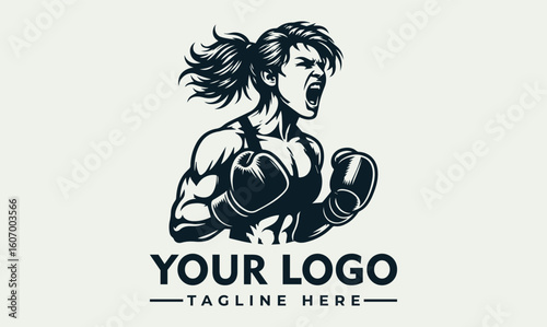 Illustration of a muscular woman boxer with boxing gloves, screaming with determination.