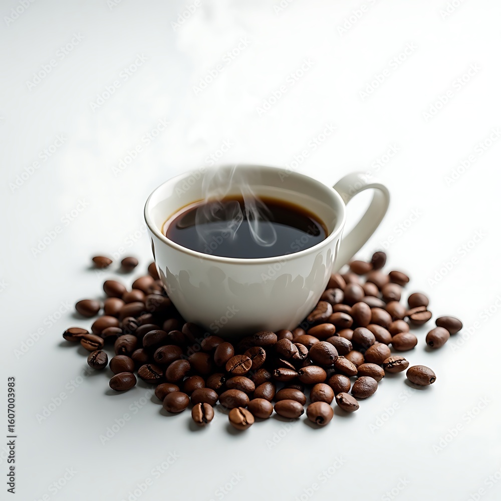 Fototapeta premium Steaming Coffee Cup with Beans Minimalist Still Life