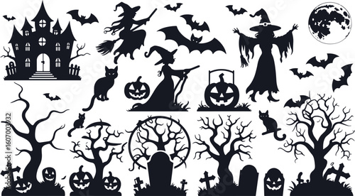 Halloween Black Silhouette Vector Set – Spooky Illustration Collection for Seasonal Design