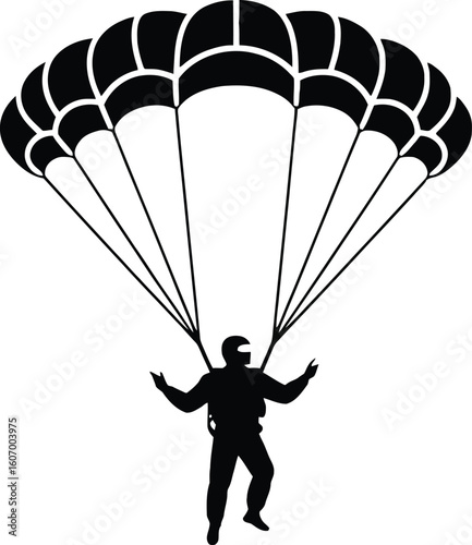 Skydiver Silhouette: Dramatic Black and White Vector Graphic for Extreme Sports.